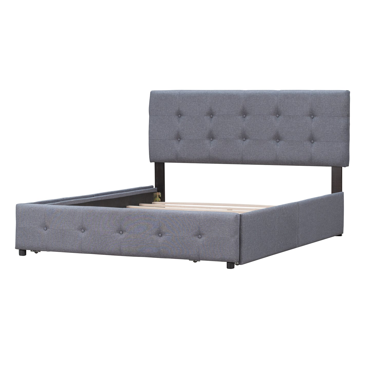 Upholstered Platform Bed with Classic Headboard and 4 Drawers Linen Fabric Queen Size Dark gray