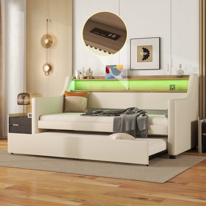 Twin Size Daybed with Trundle, Upholstered Daybed with Charging Station and LED Lights, Beige