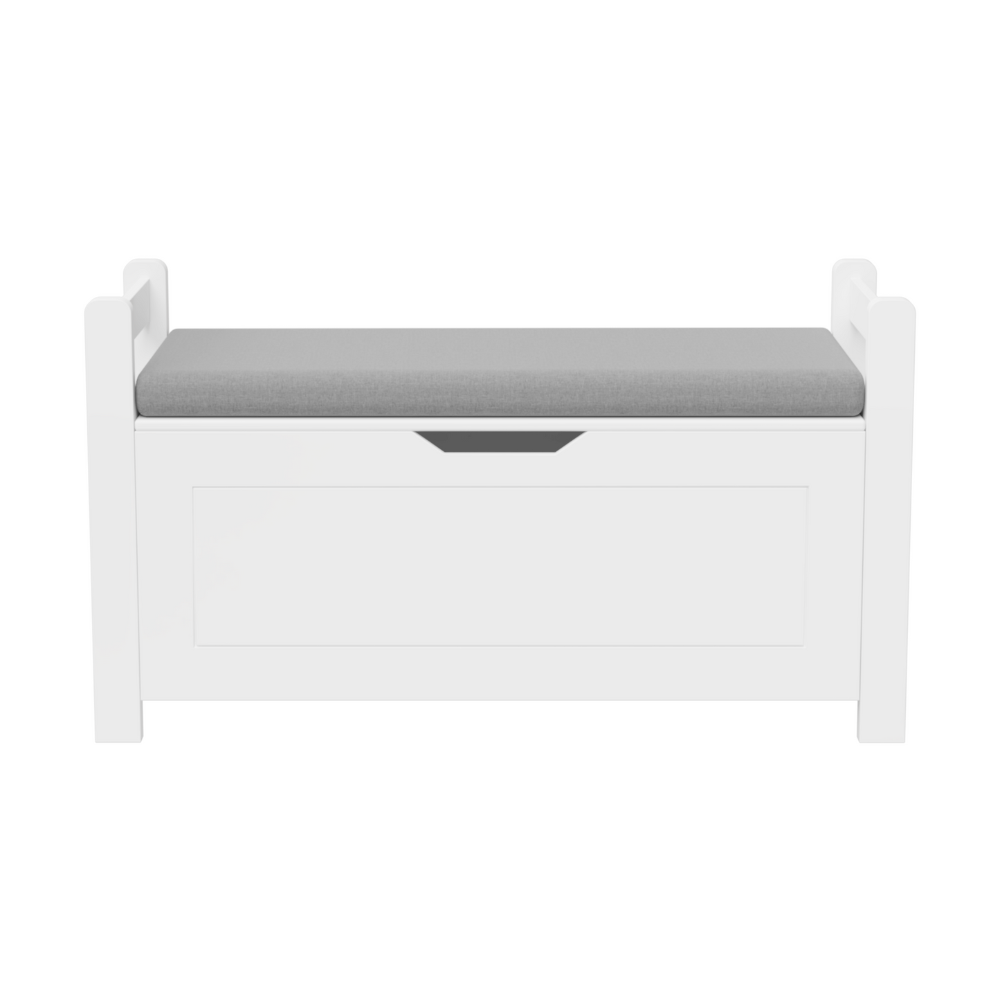 A white rubber wood children's toy box with soft cushioned seats, stools, flip covers, and safety hinges for toy storage