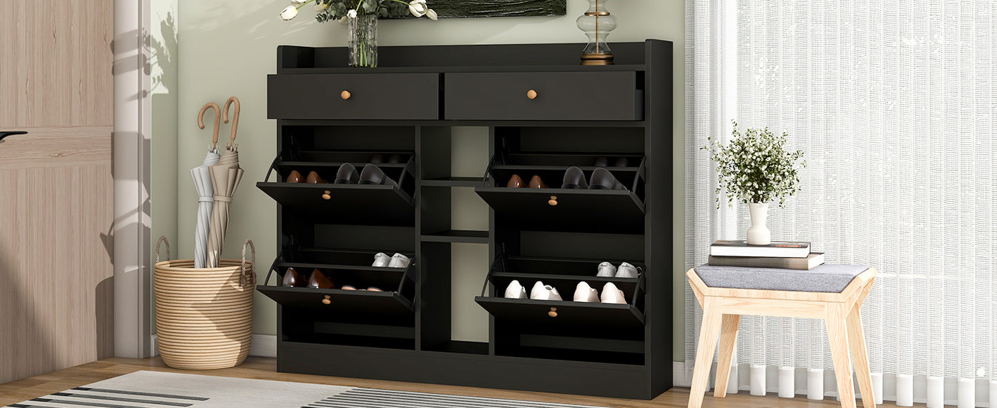 ONTREND modern shoe cabinet with 4 flipped drawers, multifunctional double-layer shoe storage with drawers, black.