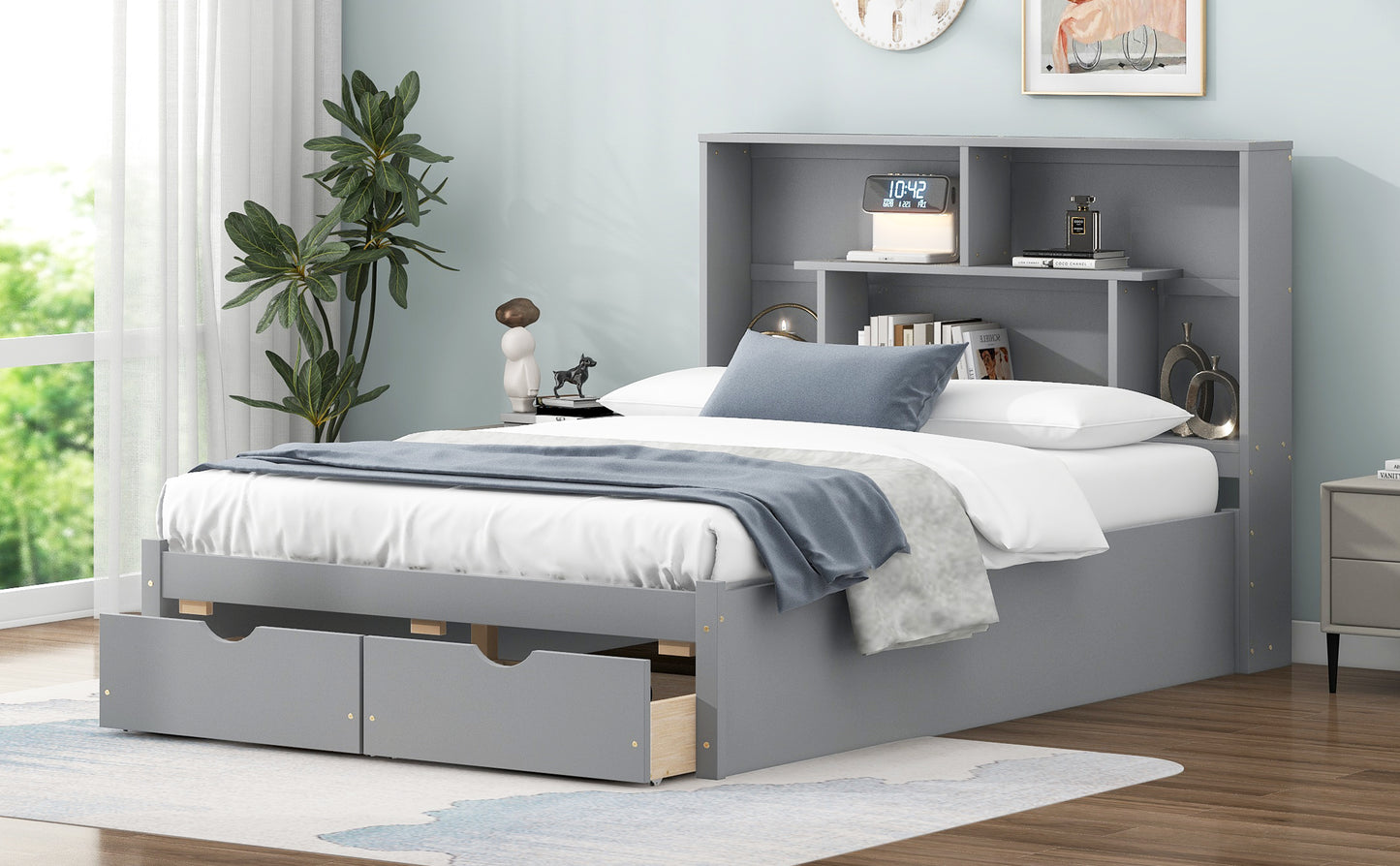 Full Size Platform Bed with Storage Headboard and 2 Drawers, Gray