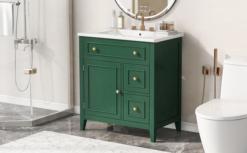 Mueble de baño de 30" con encimera de lavabo, armario de madera maciza con puerta y dos cajones, color verde