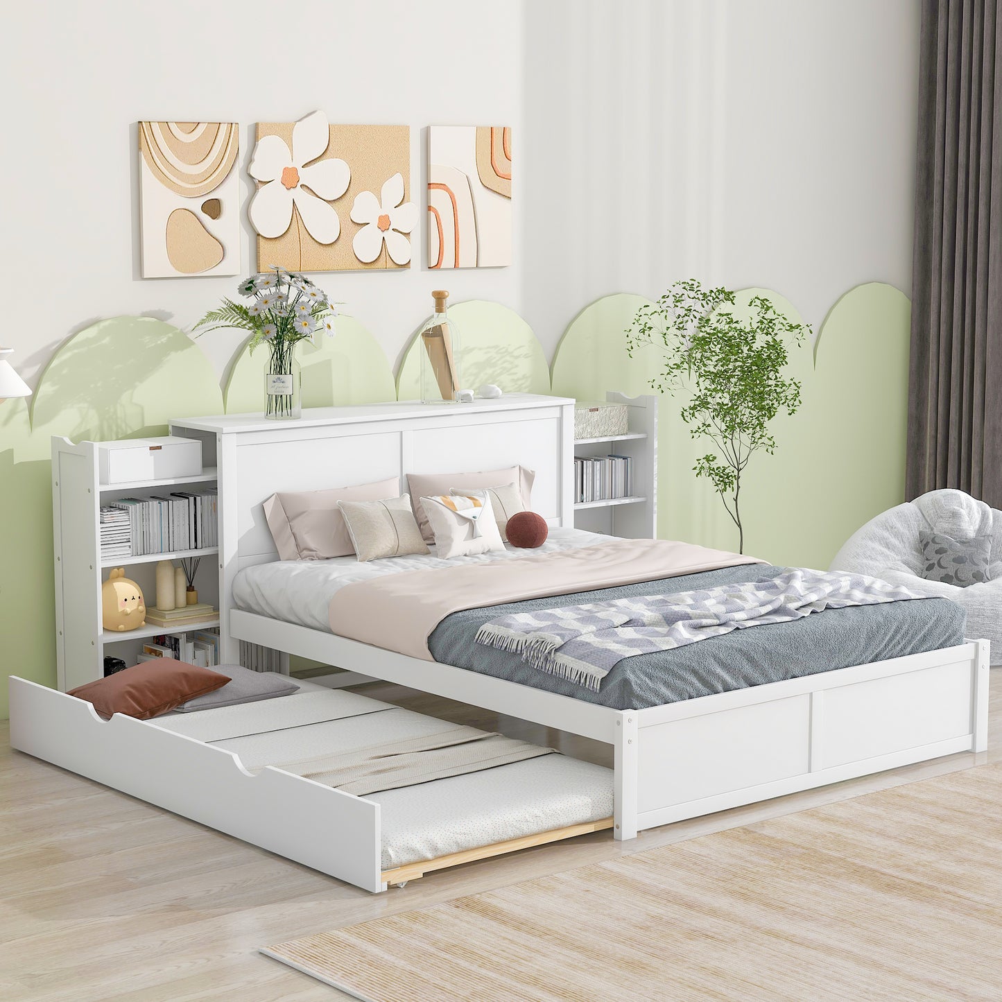 Queen Size Storage Platform Bed with Pull Out Shelves and Twin XL Size Trundle  White