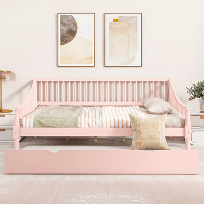 Full Size Daybed with Trundle and Support Legs, Pink Finish for Bedrooms