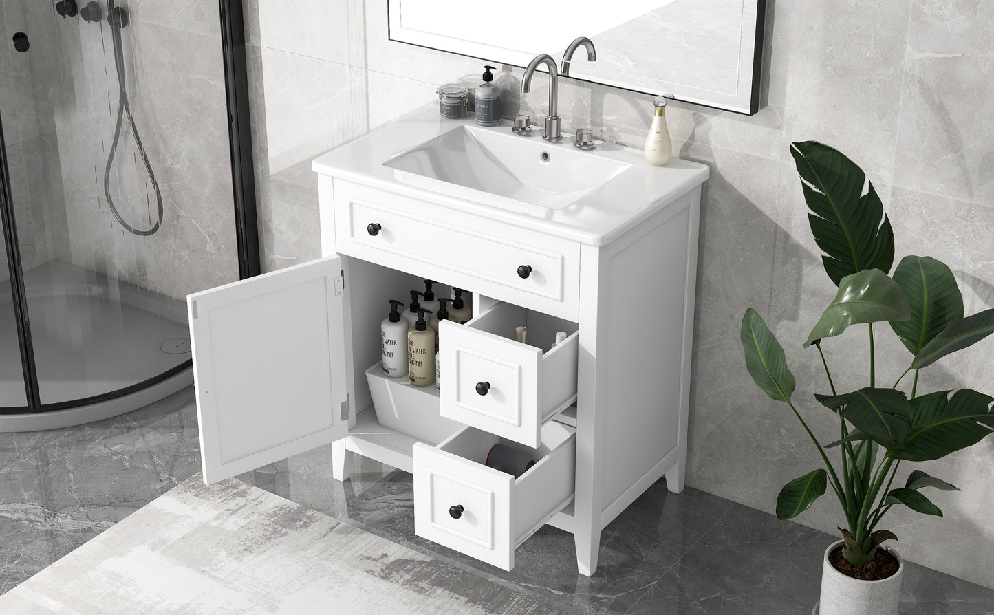 Mueble de baño de 30" con encimera de lavabo, armario de madera maciza con puerta y dos cajones, color blanco