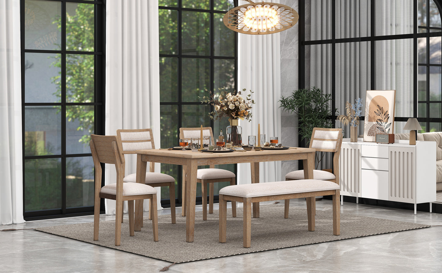 TREXM Classic 6-Piece Dining Set with Table, 4 Upholstered Chairs, and Bench, Natural Wood Wash