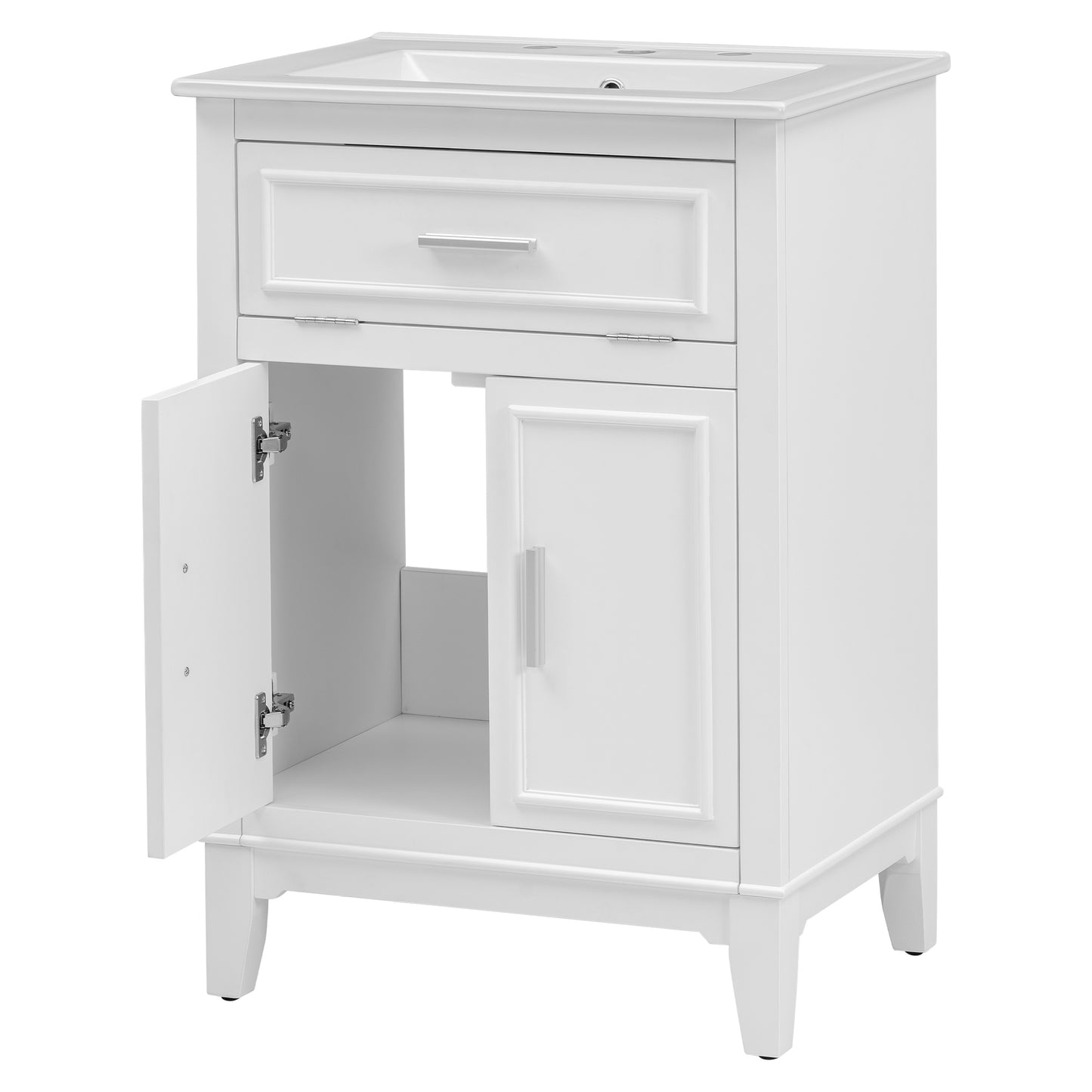 24" Bathroom Vanity with Sink, Solid Wood and MDF Cabinet with One Flip Drawer and Doors, White