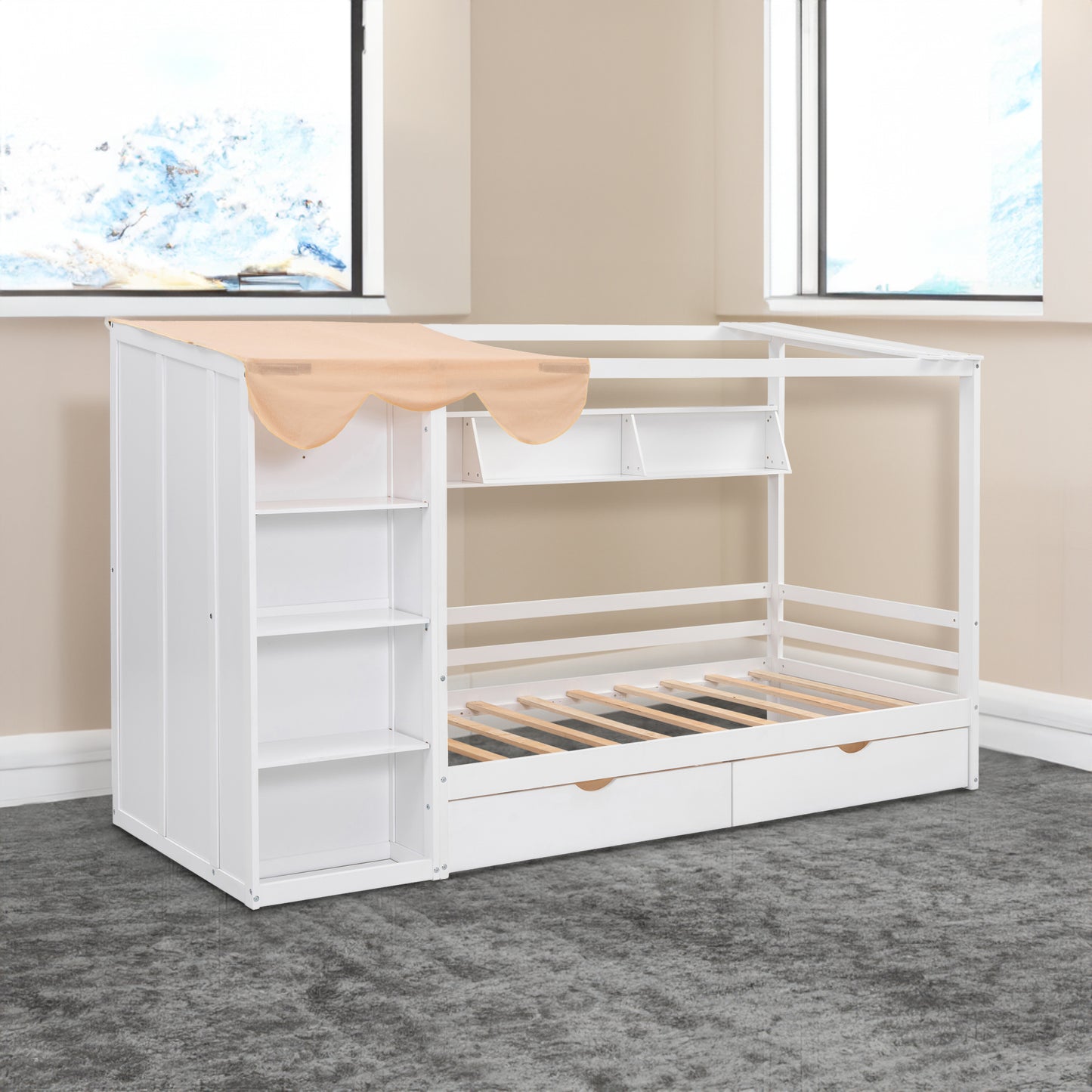 Twin size House Bed with Two Drawers and Wardrobe,White