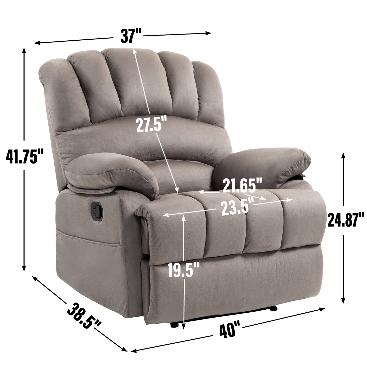 Large Manual Recliner Chair in Fabric, Comfortable Design for Living Rooms, Grey