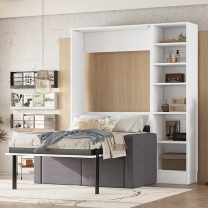 Cama plegable tamaño twin con sofá y estantes, color blanco