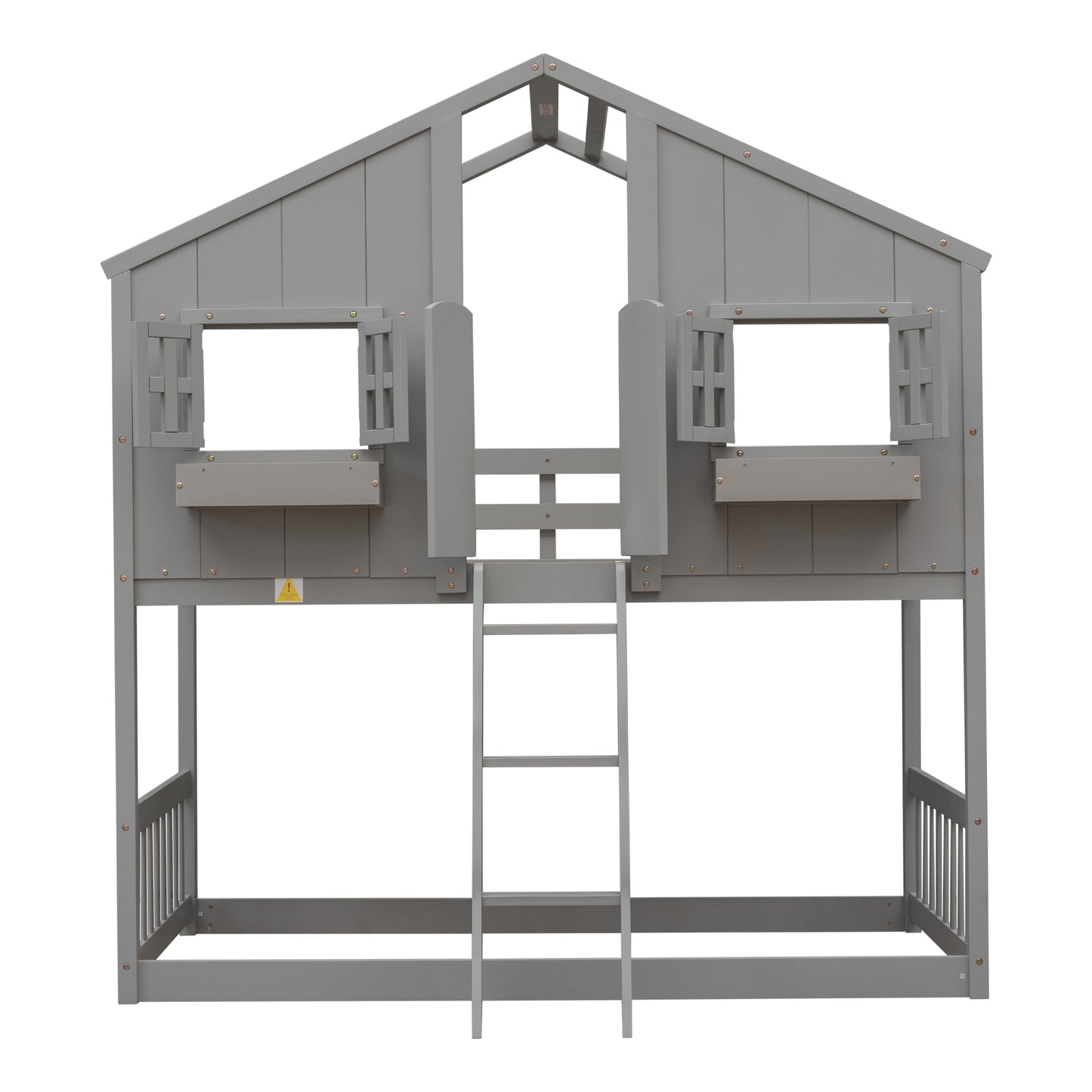 Twin over Twin House Bunk Bed with Roof , Window, Window Box, Door , with Safety Guardrails and Ladder, Grey