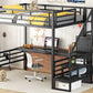 Full Size Metal Loft Bed with Desk, Storage Staircase and Small Wardrobe, Storage stairs can be installed left and right,Black