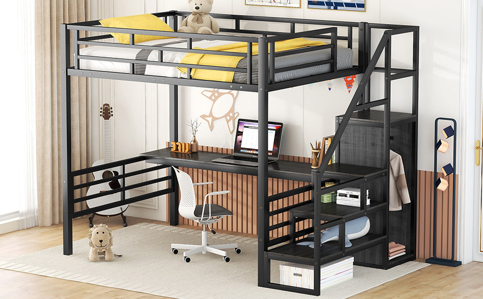 Full Size Metal Loft Bed with Desk, Storage Staircase and Small Wardrobe, Storage stairs can be installed left and right,Black