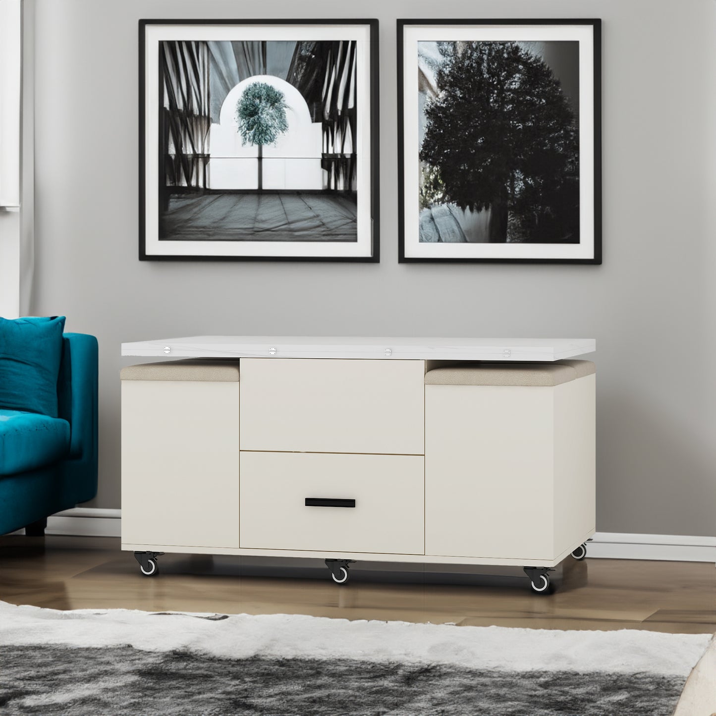 Modern Lift Coffee Table with 4 Chairs, Expandable Design with Hidden Storage and 2 Drawers