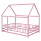 Full Size Floor Wooden Bed with House Roof Frame, Fence Guardrails ,Pink