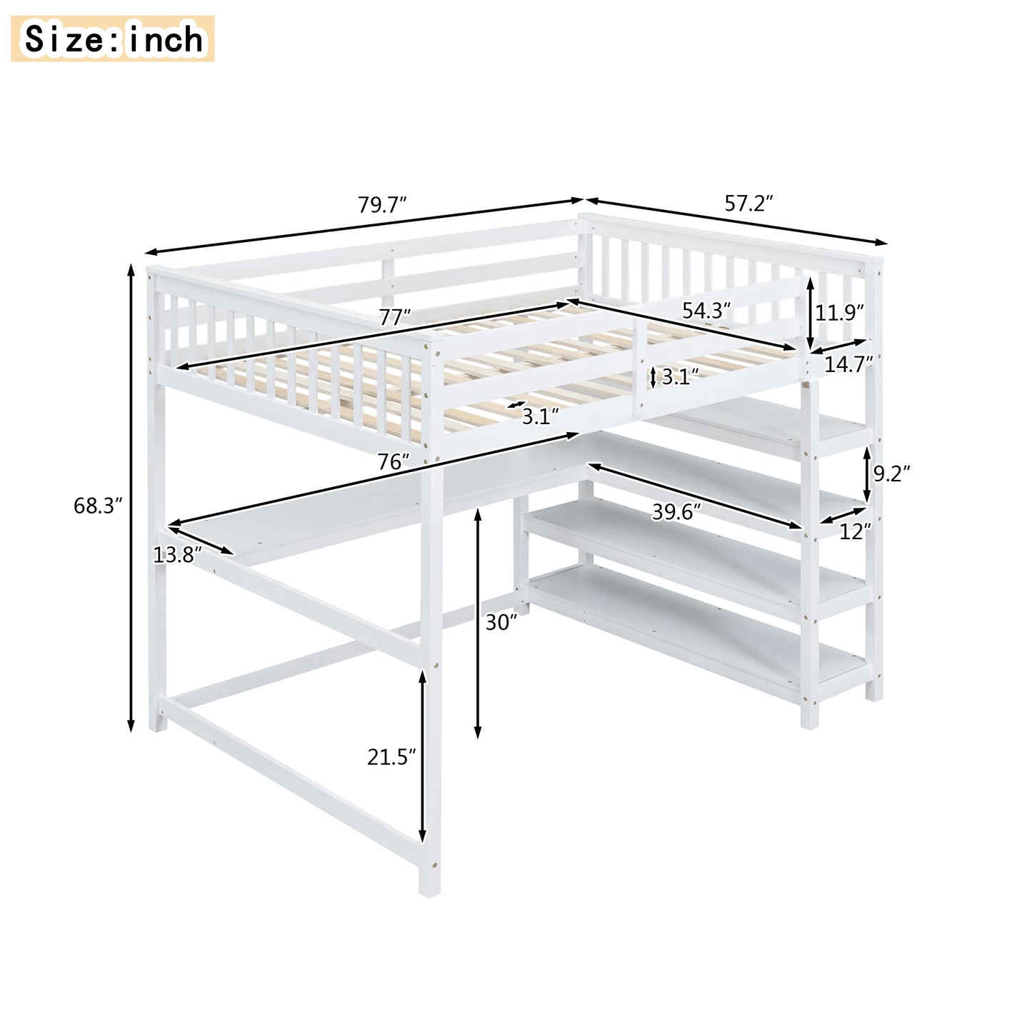 Cama alta de tamaño completo con estantes de almacenamiento y escritorio debajo de la cama, acabado blanco para dormitorios modernos