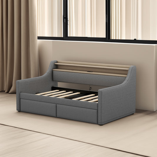 Twin Size Daybed with Storage Drawers, Upholstered Daybed with Charging Station and LED Lights, Gray