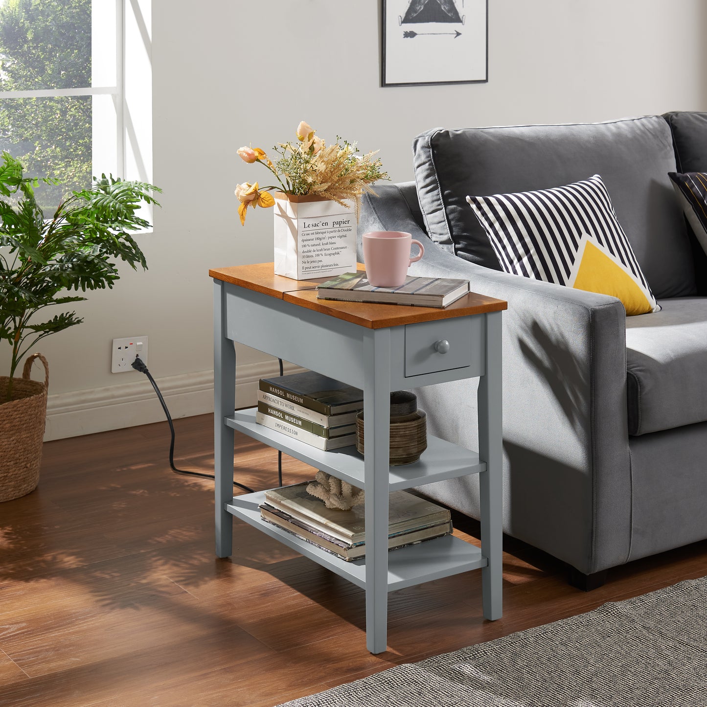 Narrow 2-tone End Table with USB Charging Ports for Small Space SOLID WOOD Table Legs Gray and Walnut