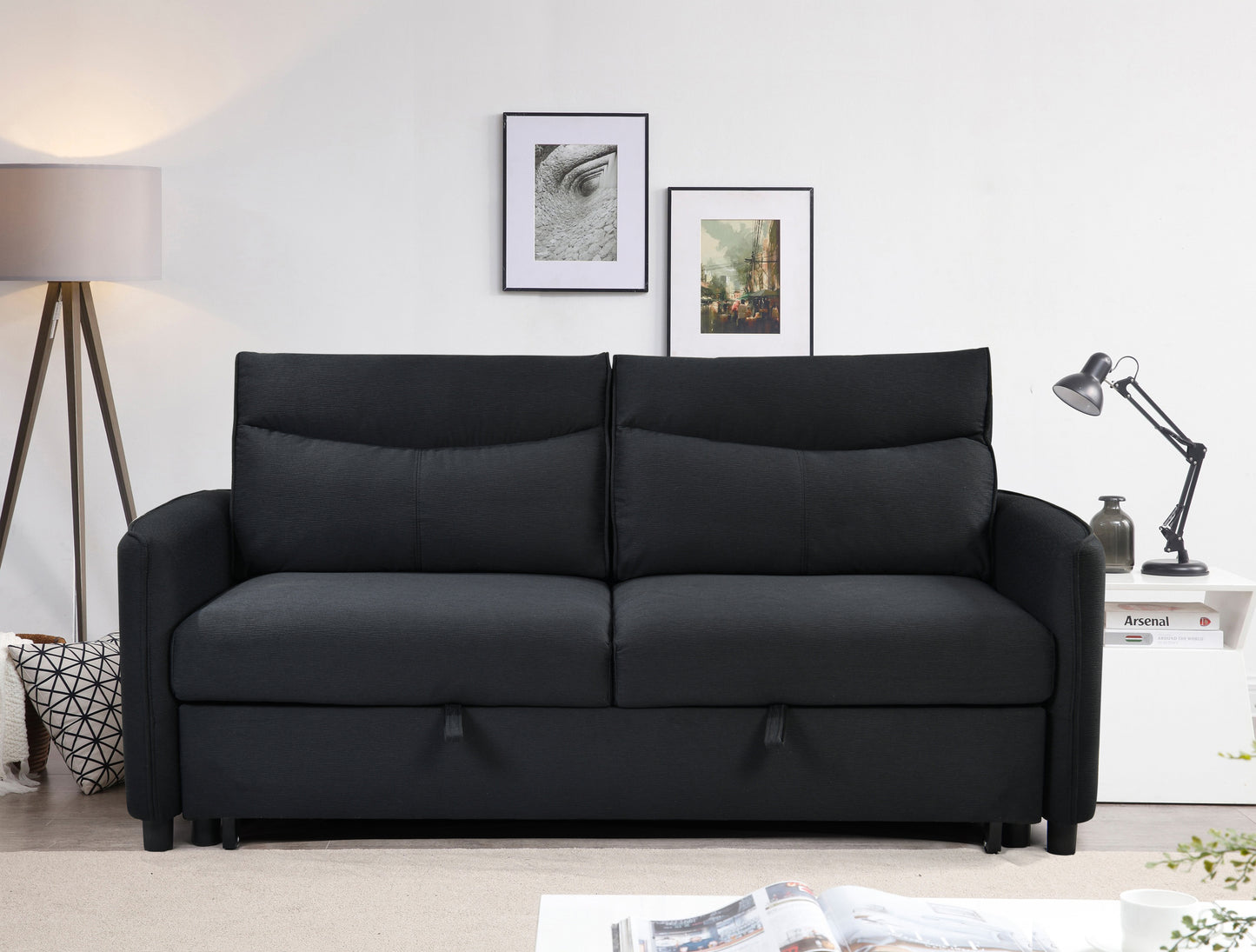 Sofá cama convertible 3 en 1, moderno sofá de dos plazas de tela con cama extraíble, perfecto para espacios pequeños, color negro