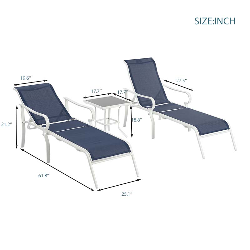 3-piece terrace lounge chair set, outdoor lounge chair with 5 adjustable backrests, sturdy steel frame, white blue