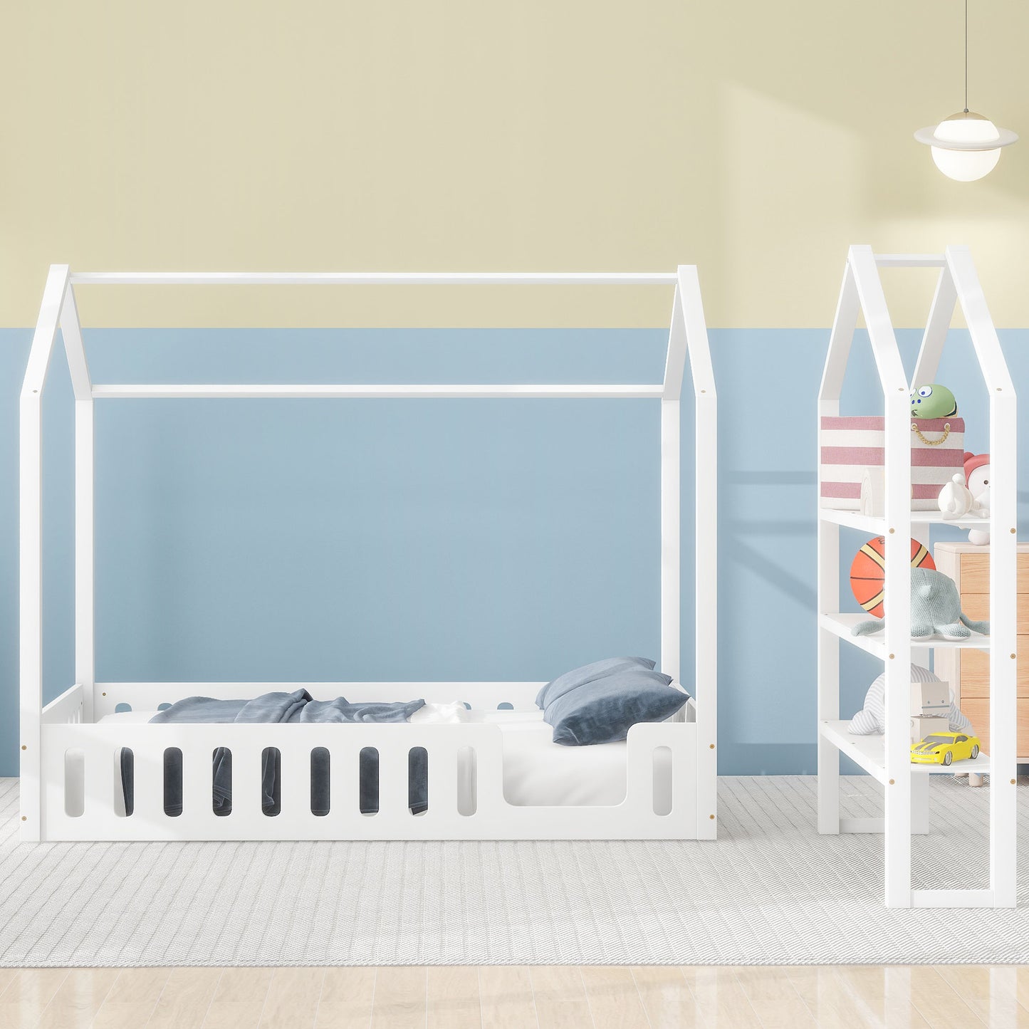 Full Size Wood House Bed with Fence and Detachable Storage Shelves, White