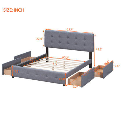 Upholstered Queen Platform Bed with Drawers Gray