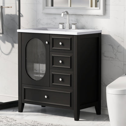 Bathroom Vanity with Sink, Bathroom Vanity Cabinet with Three Drawers and Door, Solid Wood and MDF, Black