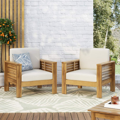 Outdoor Acacia Wood Club Chairs with Cushions, Teak+Beige