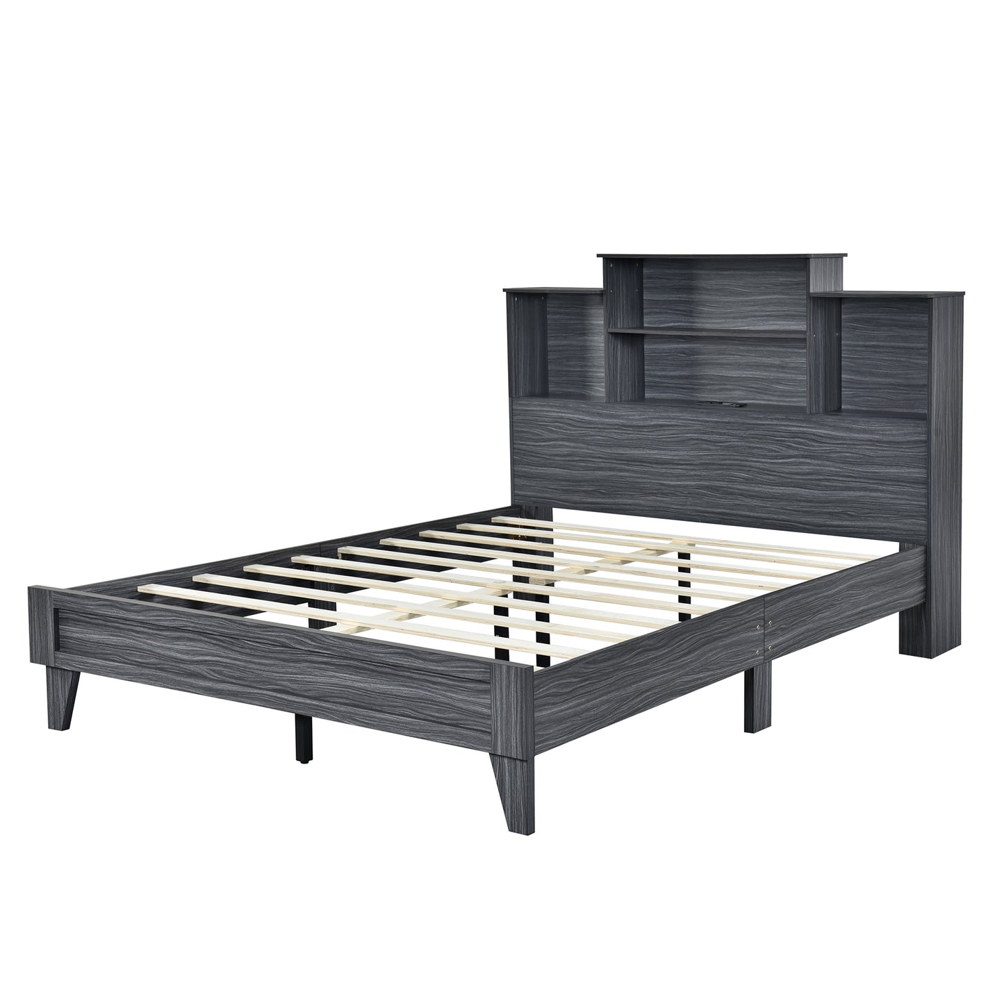 Queen Size Storage Platform Bed Frame with 4 Open Storage Shelves and USB Charging Design Gray