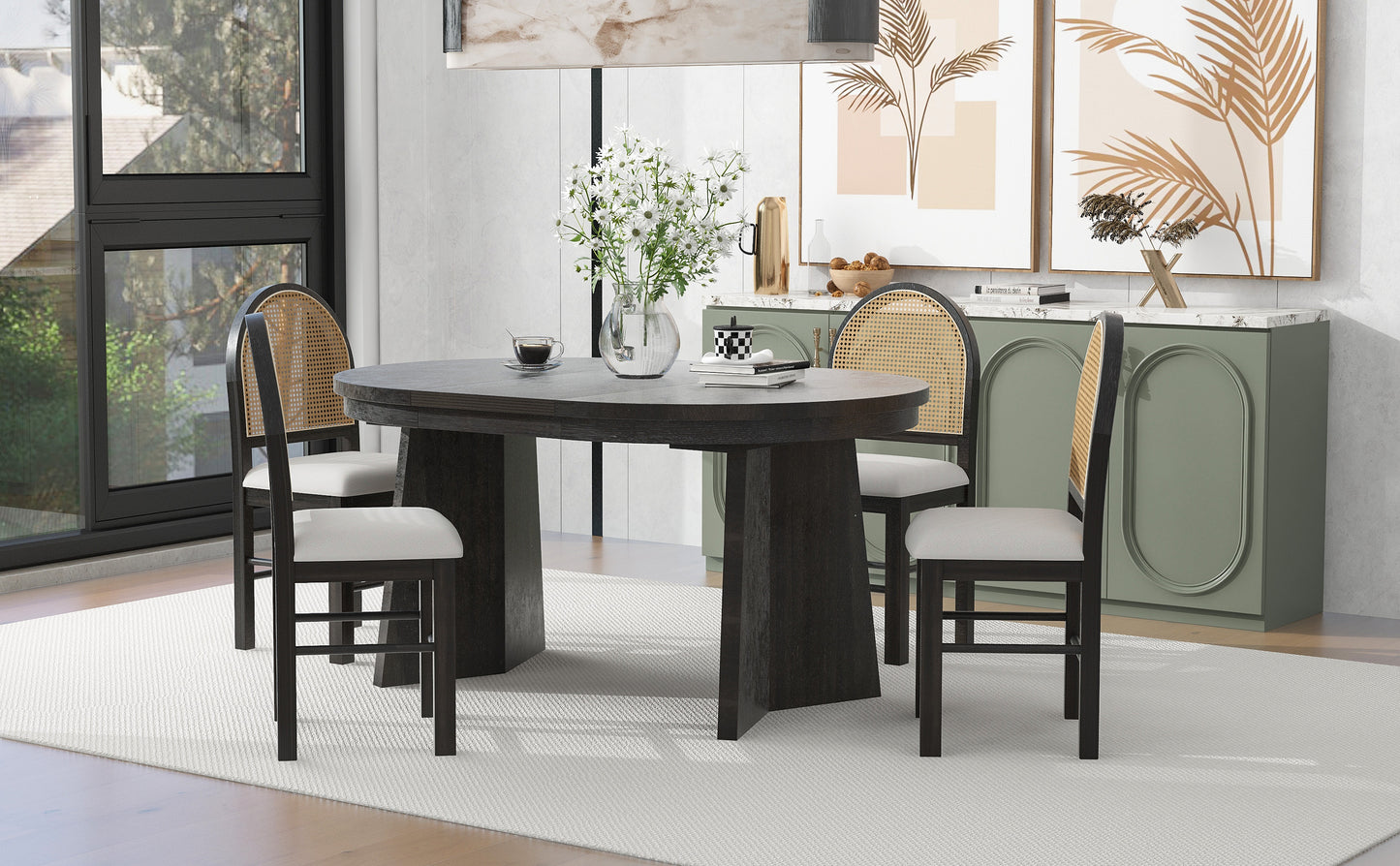 TREXM 5-Piece Retro Dining Set, Expandable Table and 4 Cushioned Chairs with Rattan Backrests, Espresso Finish