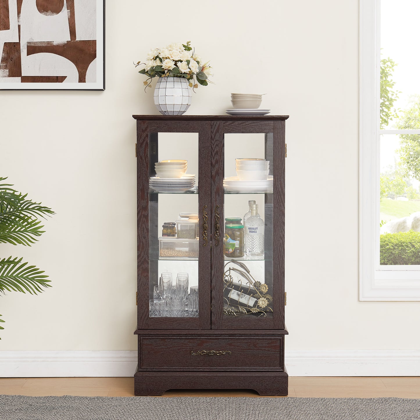 Light colored glass cabinet with adjustable glass frame Curio display cabinet, 2 doors and 1 drawer light bulb cherry color