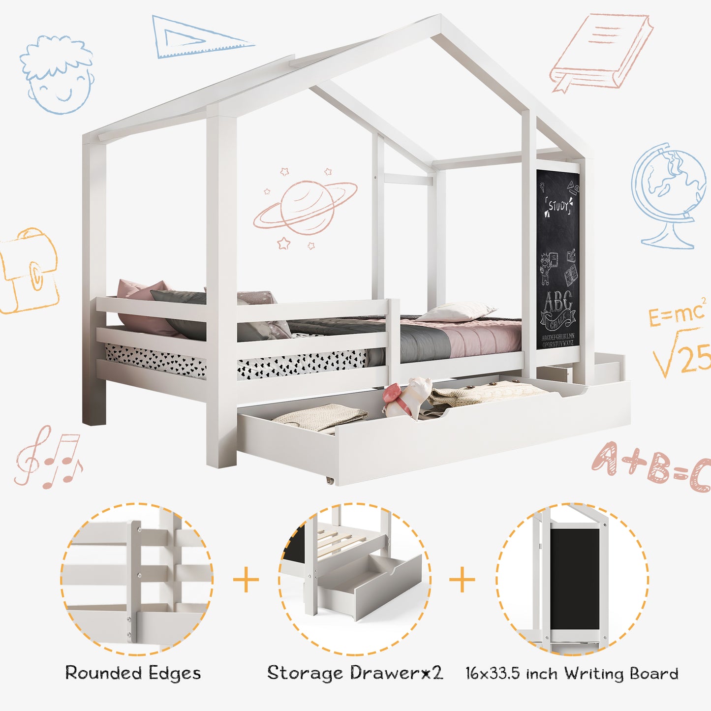 Full House Bed with Blackboard and Drawers Two assembly options White