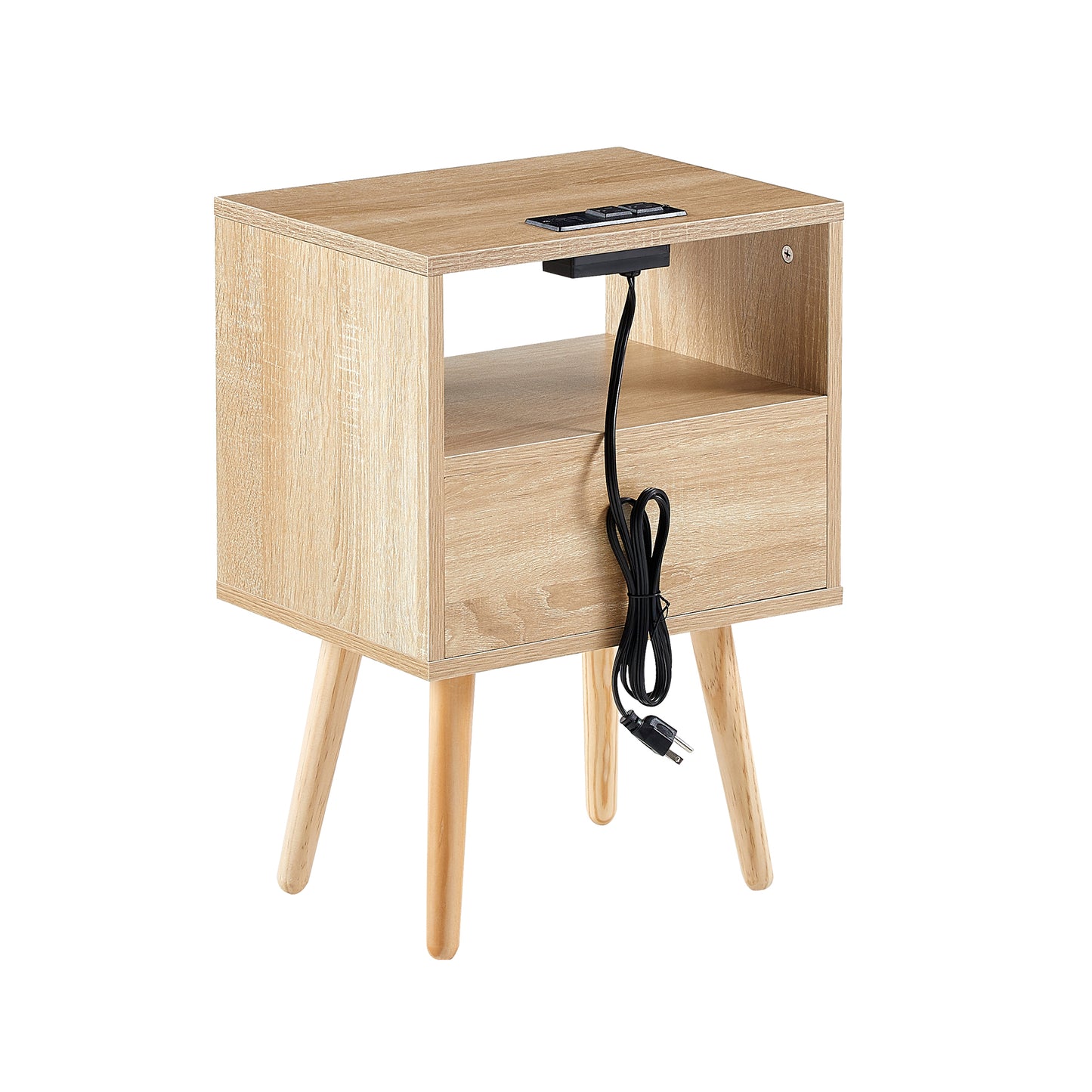 Rattan End table with Power Outlet & USB Ports Modern nightstand with drawer and solid wood legs