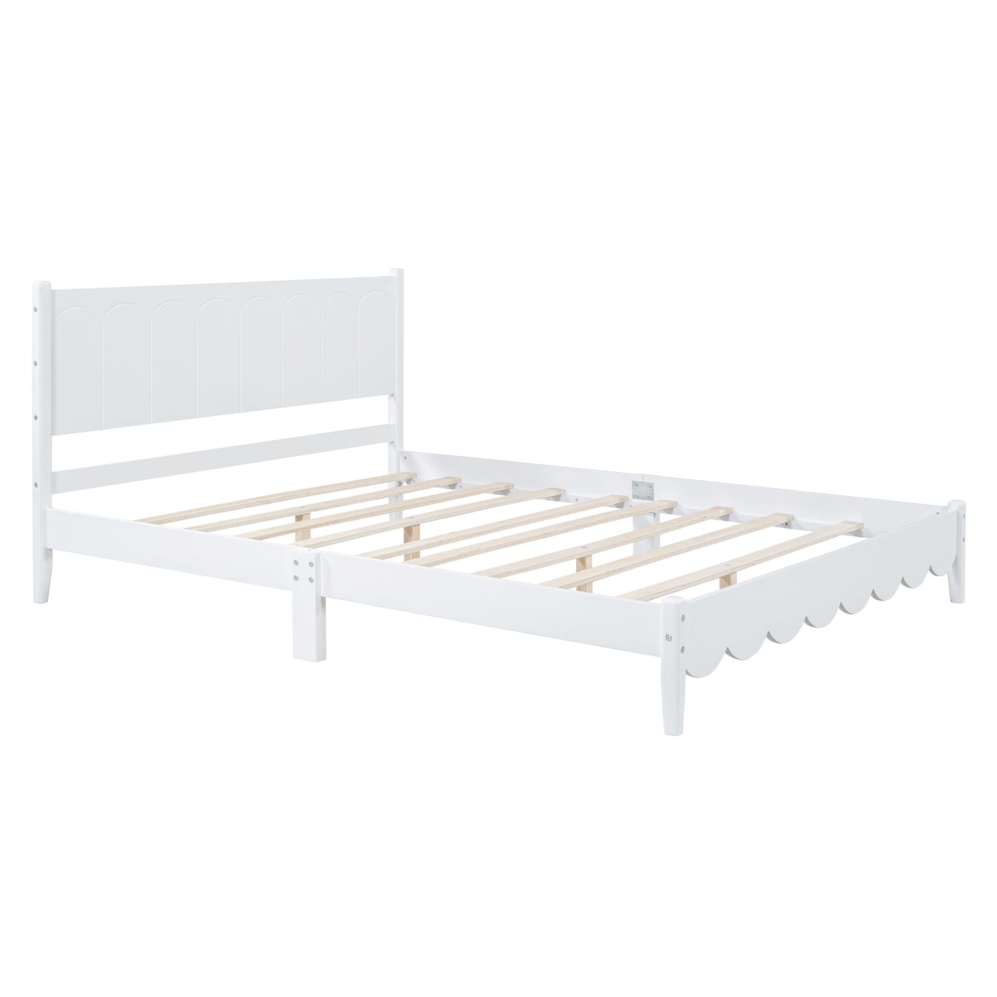 Queen Size Wood Platform Bed Frame, Retro Style Bed with Rectangular Headboard,No Need Box Spring,White