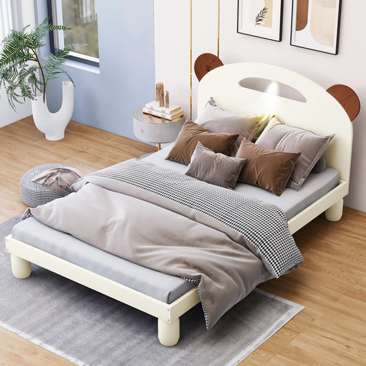 Twin Size Platform Bed with Bear Ears Shaped Headboard and LED Cream White