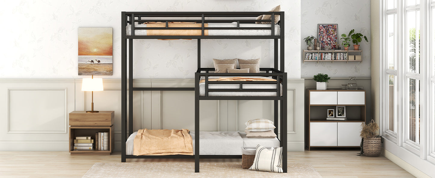 L-shaped Metal Triple Twin Size Bunk Bed, Black