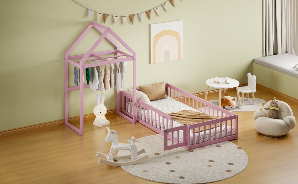 Wooden Twin Size Children's Bed with Detachable Headboard and Integrated Clothes Drying Rack, Pink