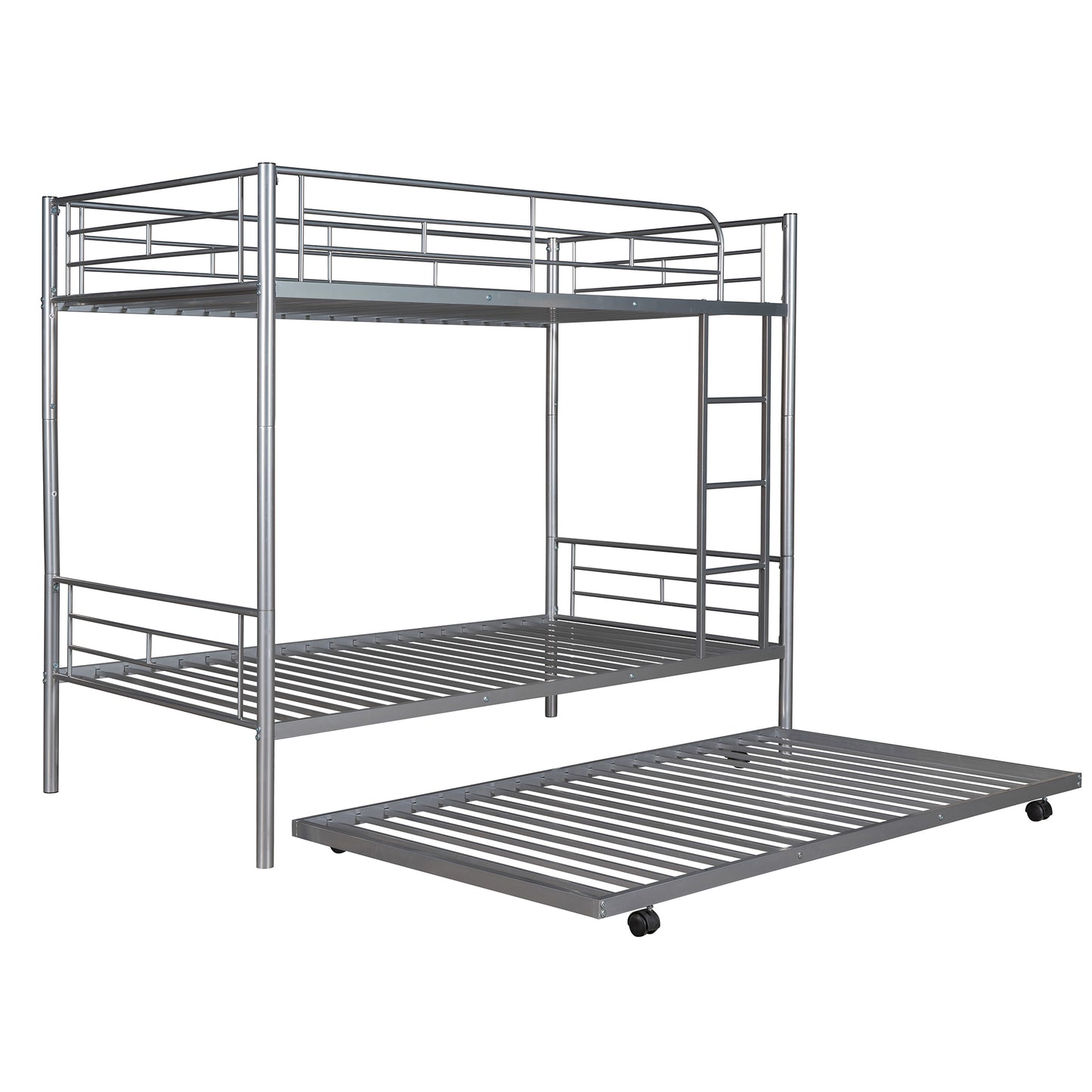 Twin-Over-Twin Metal Bunk Bed With Trundle Can be Divided into two beds No Box Spring needed White