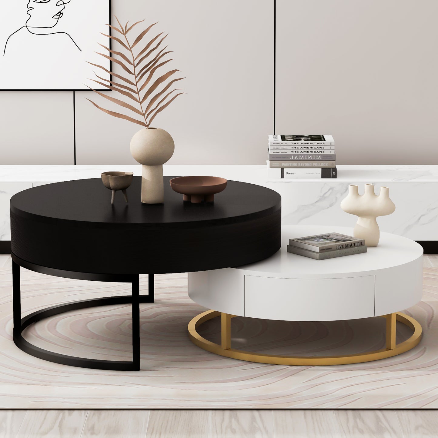 Modern Round Lift-Top Nesting Coffee Tables with 2 Drawers, White and Black Finish