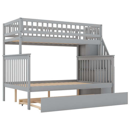 Twin over Full Bunk Bed with Trundle and Staircase, Gray Finish for Compact Spaces