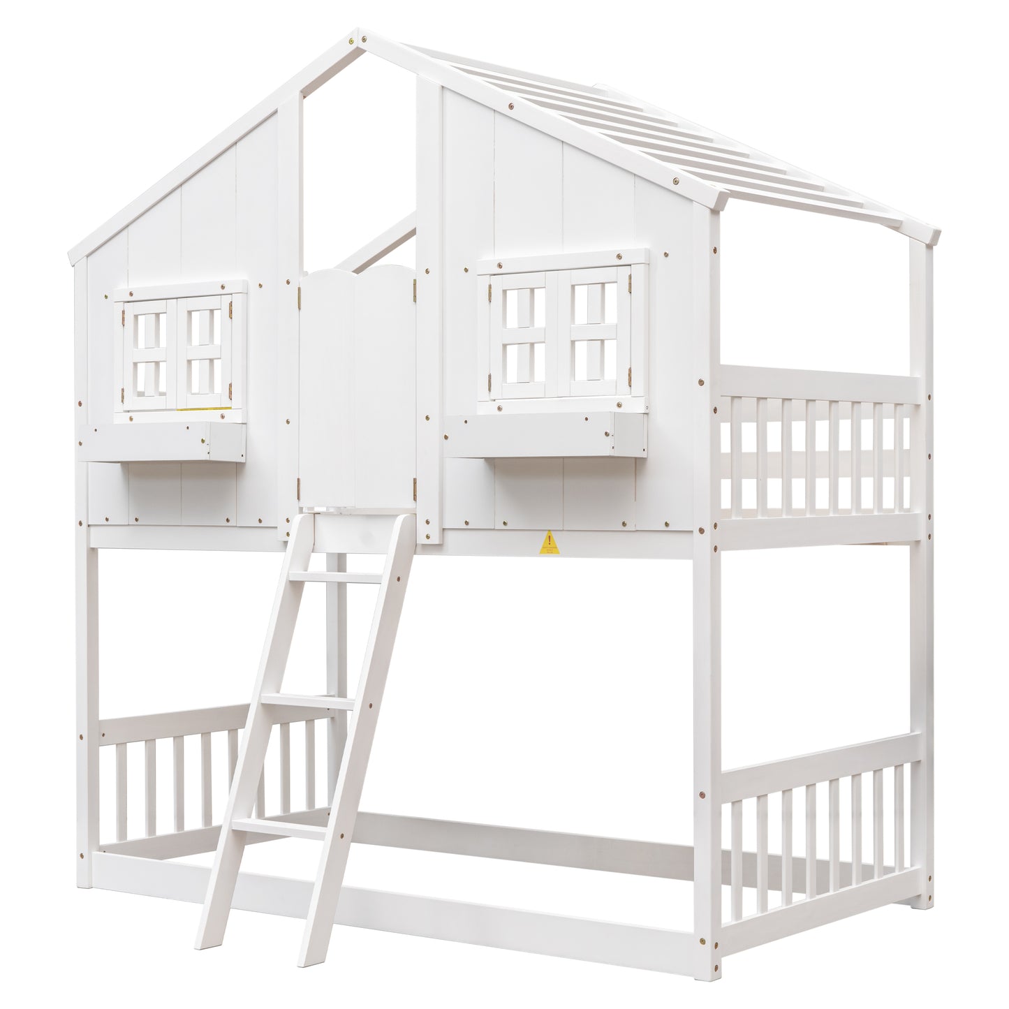 Twin over Twin House Bunk Bed with Roof , Window, Window Box, Door , with Safety Guardrails and Ladder,White