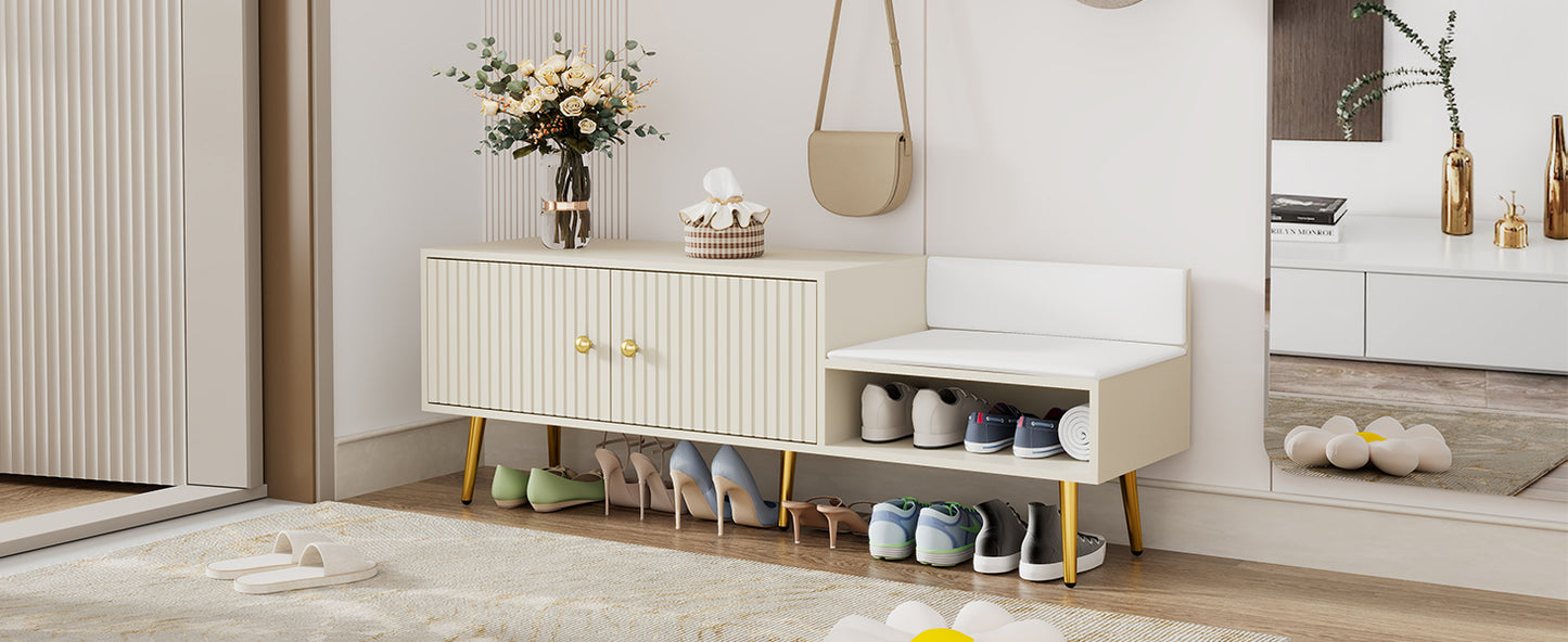 Modern Shoe Storage Bench with Hidden Storage and Upholstered Cushions, Antique White Finish