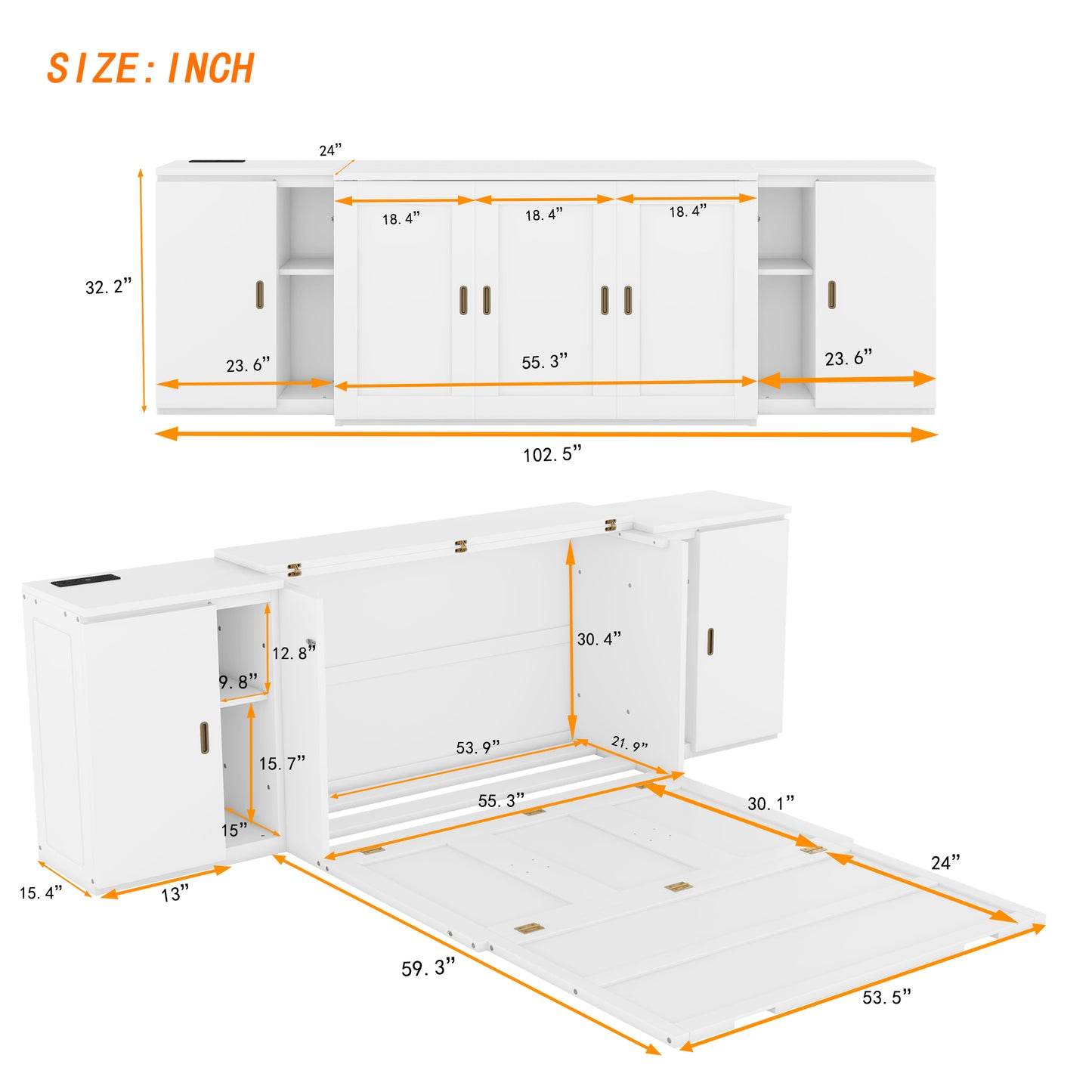 Cama plegable de tamaño completo con estantes, gabinetes y puertos USB, diseño que ahorra espacio en acabado blanco