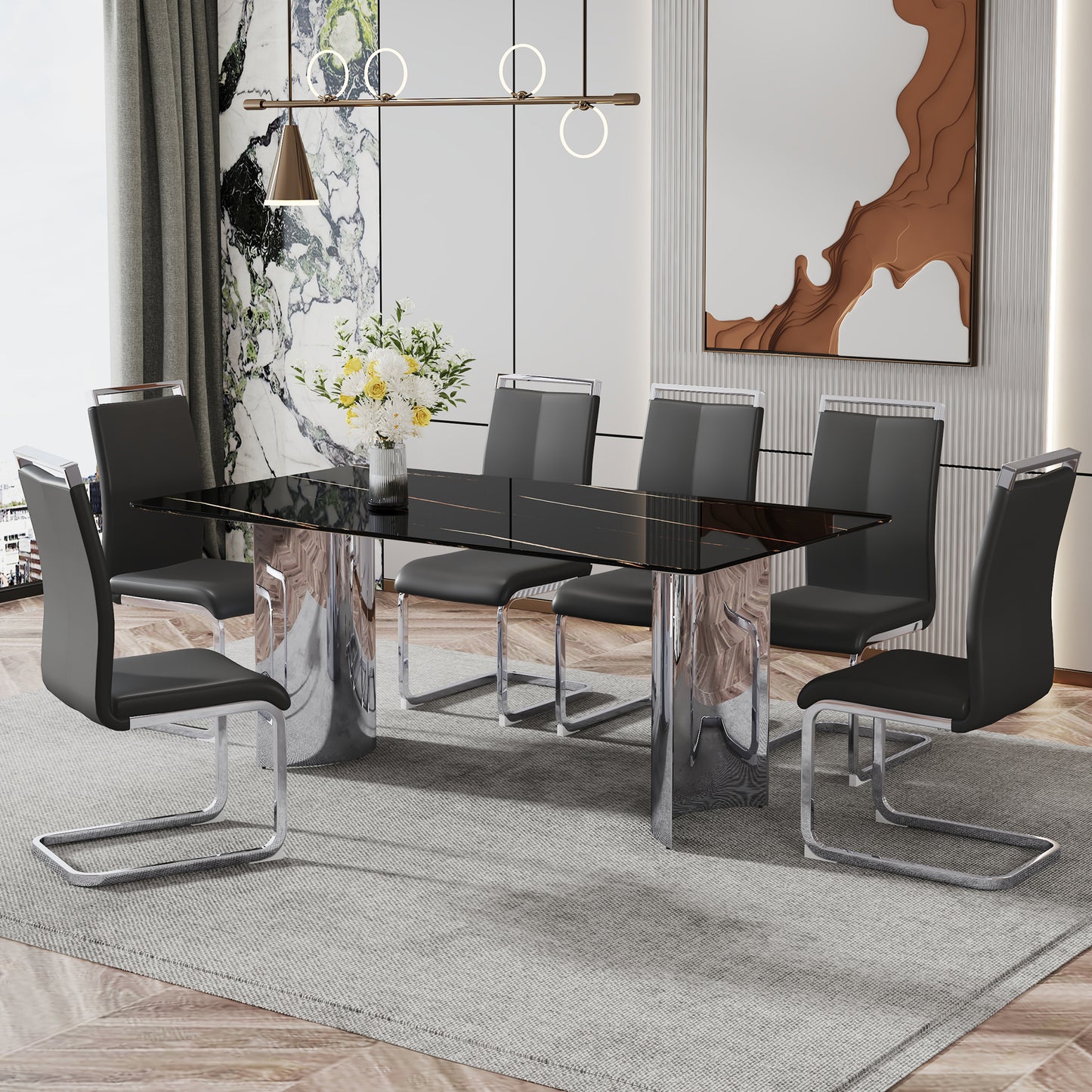 Modern minimalist dining table The black imitation marble glass desktop is equipped with silver metal legs