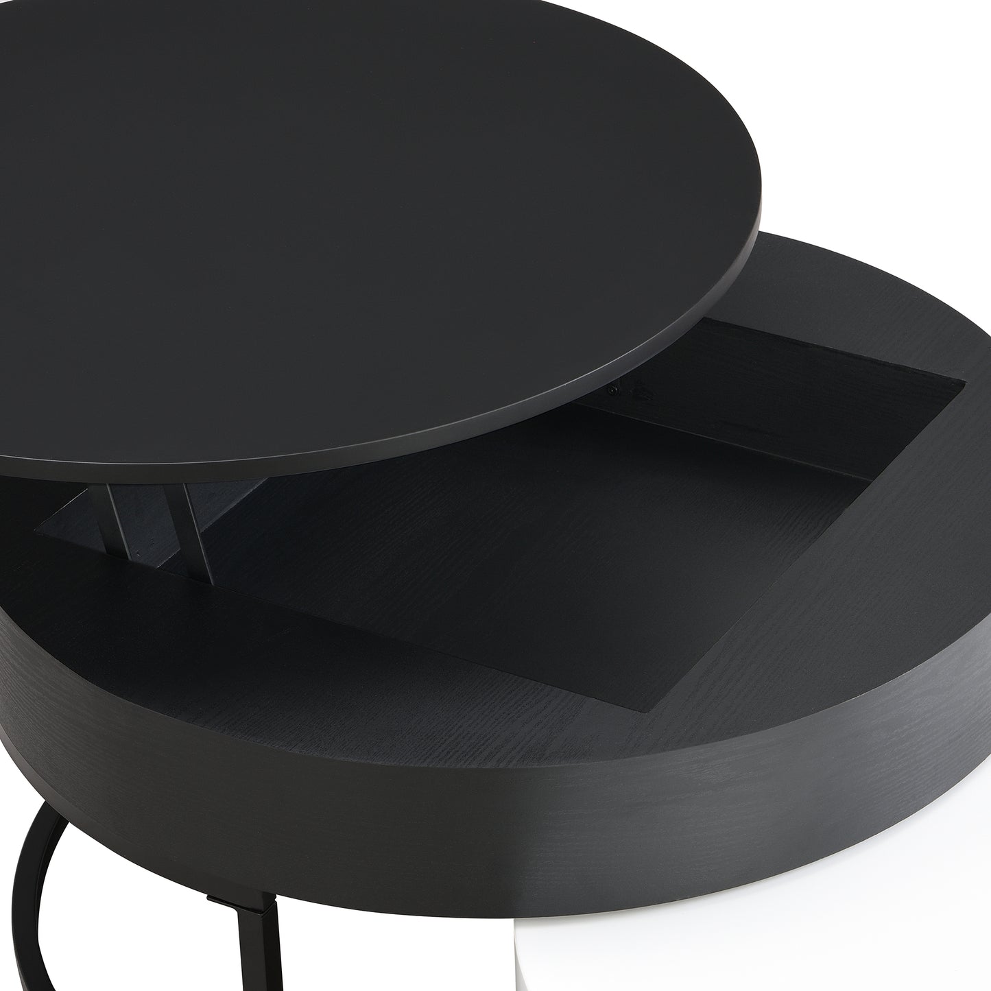 Modern Round Lift-Top Nesting Coffee Tables with 2 Drawers, White and Black Finish