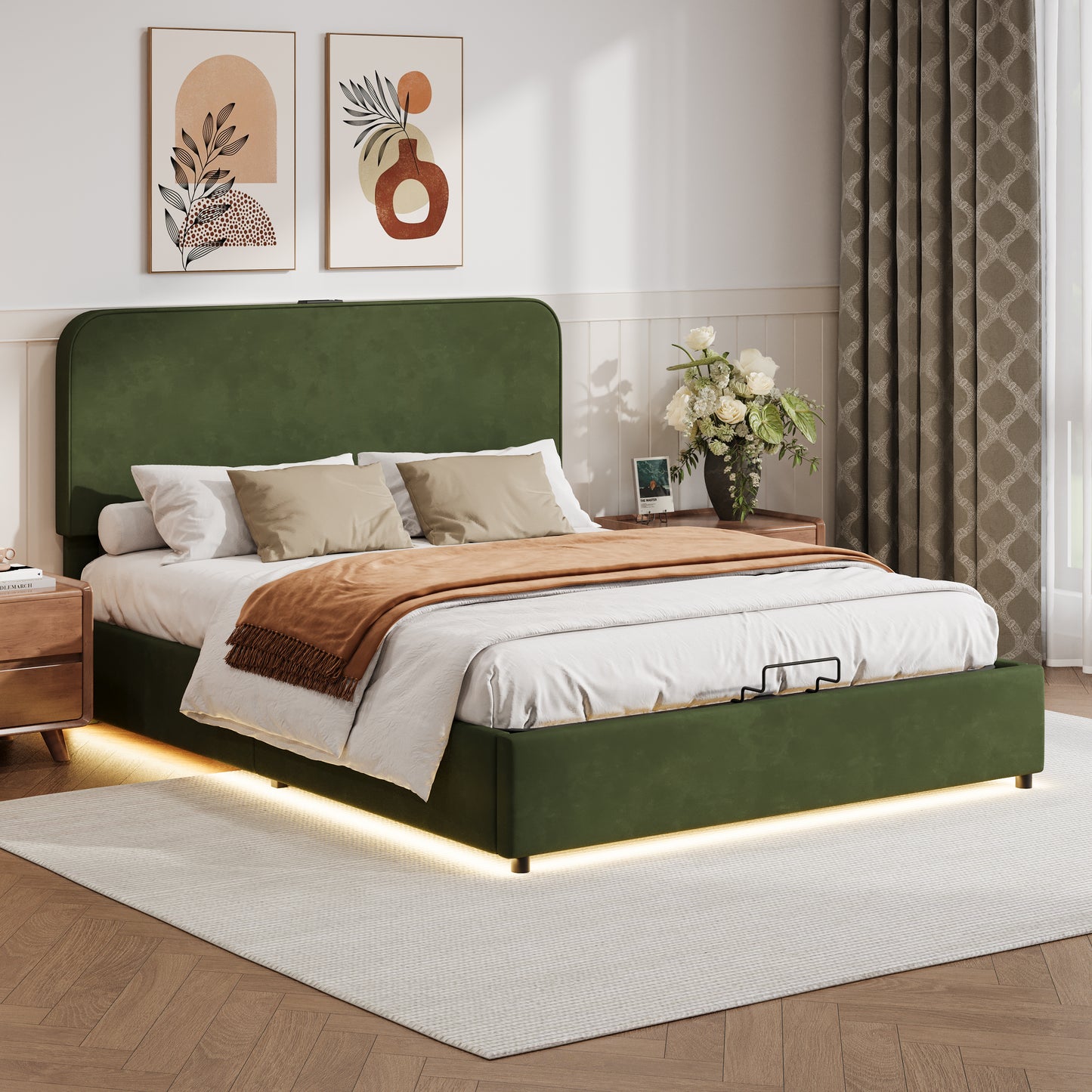 Large hydraulic storage bed with soft cushion lifting storage bed with RGB LED lights, Bluetooth speaker lychee velvet, green