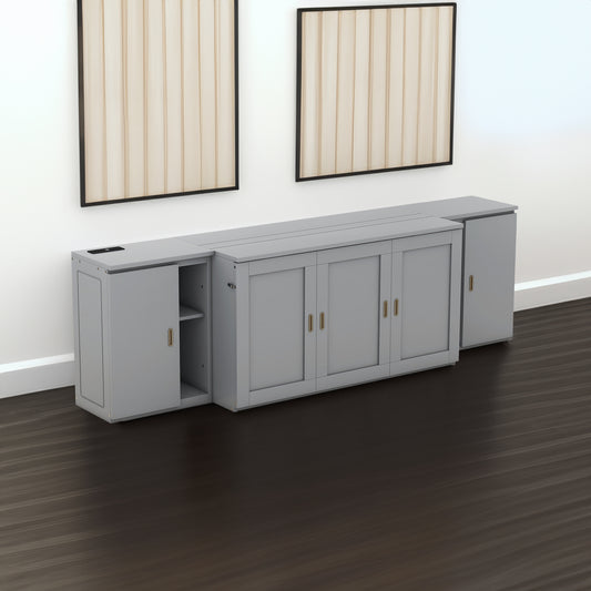 Queen Size Murphy Bed with Shelves, Cabinets, and USB Ports, Gray Finish for Modern Bedrooms