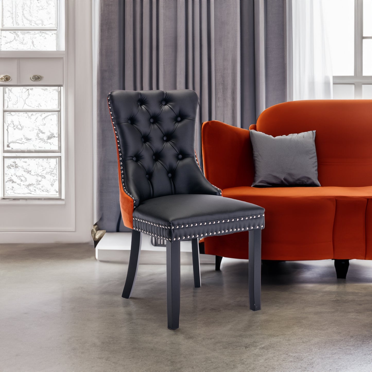 Tufted Solid Wood Contemporary PU and Velvet Upholstered Dining Chair with Wood Legs Nailhead Trim 2-Pcs Set Black+Orange