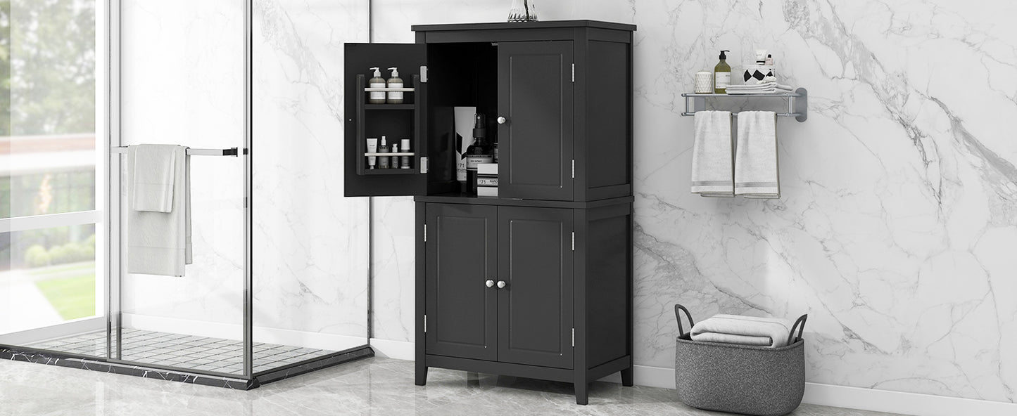 Bathroom floor storage cabinet, bathroom storage cabinet, 4-door independent cabinet, adjustable shelf, adaptive shelf, black