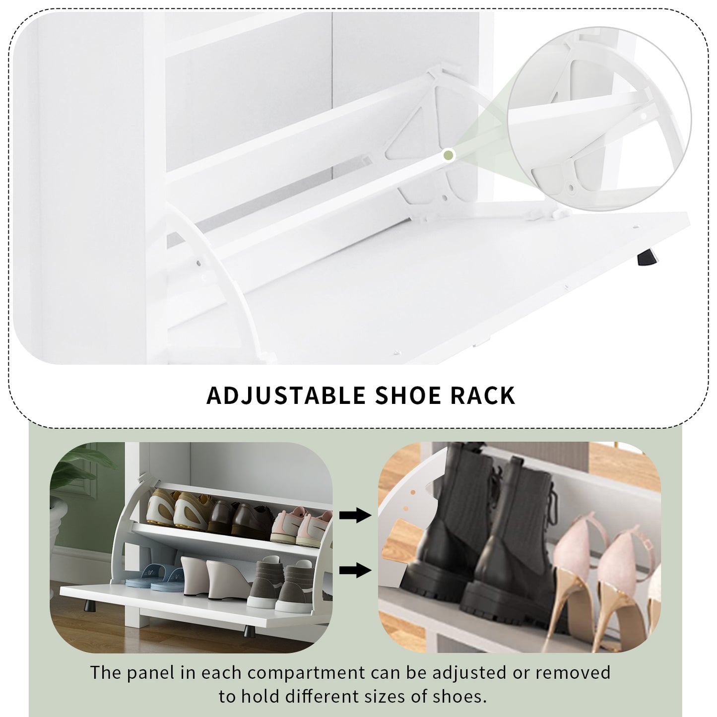 ONTREND with 2 flip drawers, top shoe cabinet with drawers, independent shoe rack with adjustable panel, white